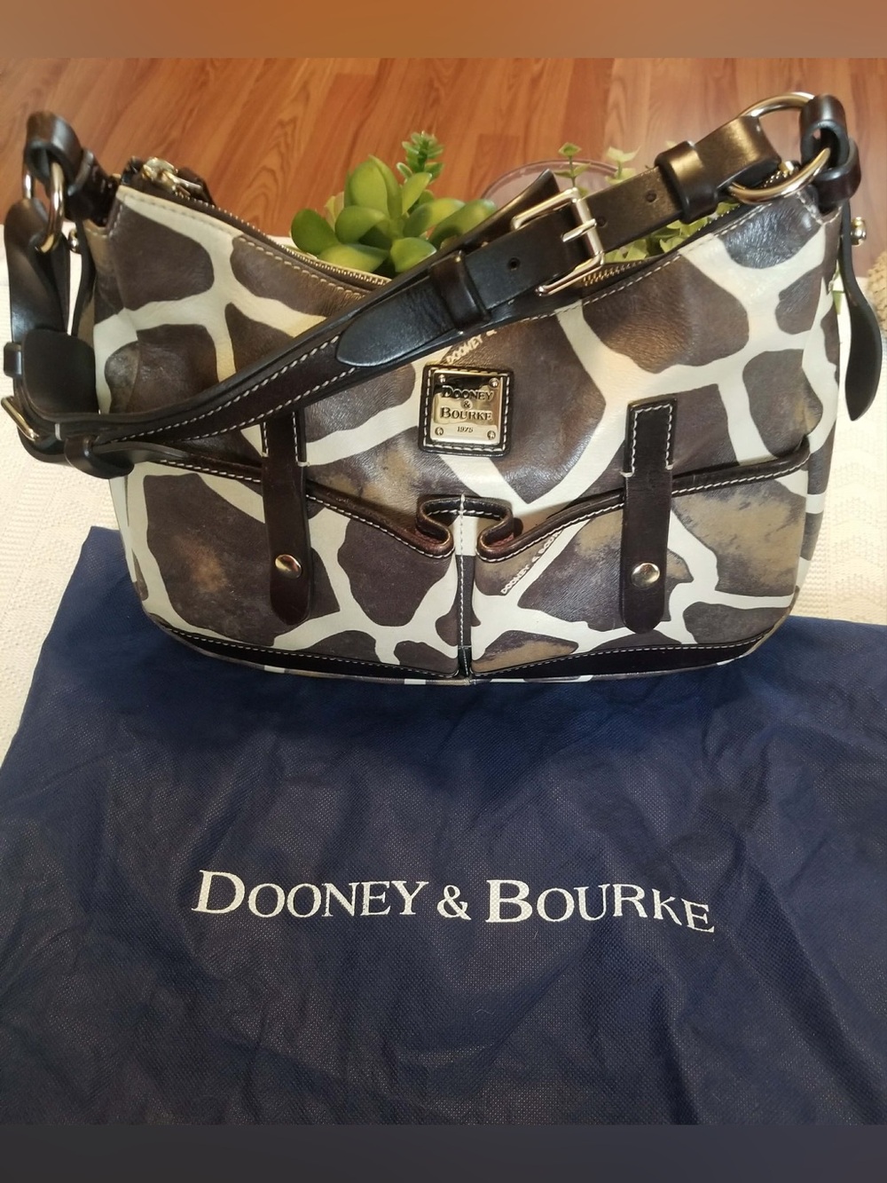 Dooney & Bourke Brown and Cream Giraffe-Print Leather Shoulder Bag